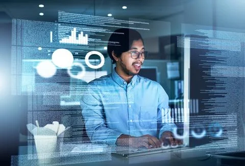 Man, computer engineering and programming code in typing for innovation or web 写真素材