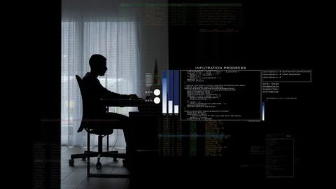Man at the computer fails trying to hack on the internet - Digital overlay Stock Footage 122528112