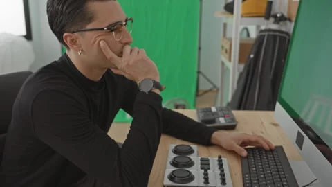 Man at computer with finger to cheek in studio, wearing glasses and watch, .. Stock Footage 347860255