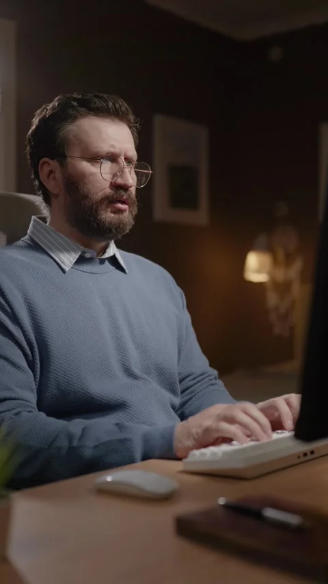 Man at computer is frightened by what he sees on monitor screen. Frightened Video stock 337642957