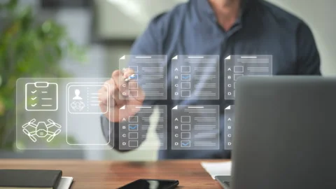 Man at computer getting drone license passing test examination  online Stock Footage 280008382