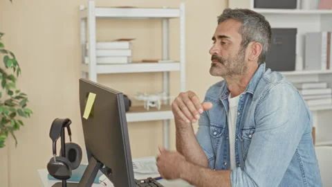Man at computer with hands clasped under chin in a studio with shelves, dro.. Stock Footage 337372147
