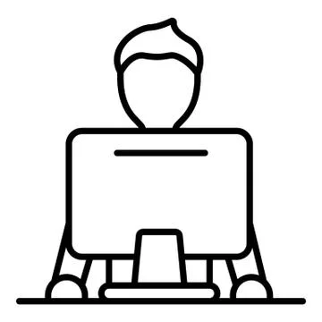 Man at computer icon, outline style 스톡 일러스트