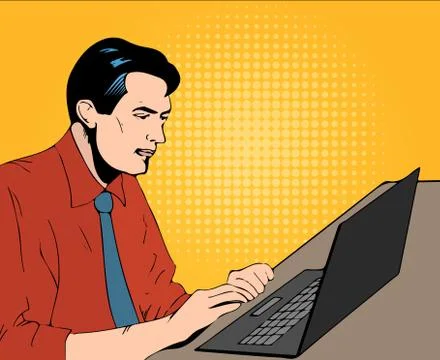 Man with computer in office comics illustration Stock Illustration