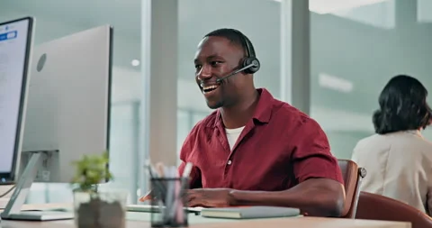 Man, computer or agent consulting in call center for cold calling, policy pitch Stock Footage 341459222