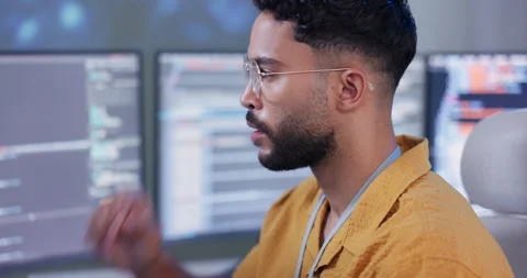 Man, computer or focus on coding, it or question of security, web or glitch in Stock Footage 271054633
