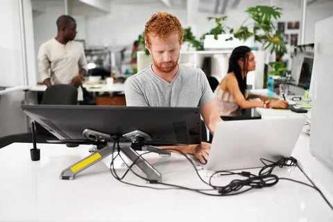 Man, computer or graphic designer with laptop for technology or future of media Foto stock