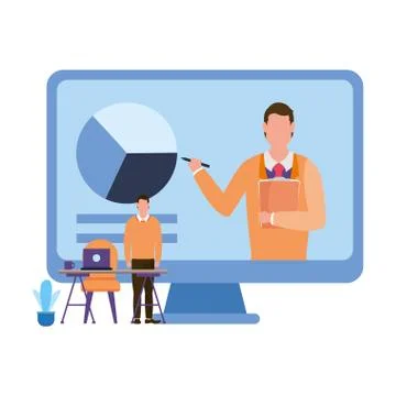 Man on computer with pie chart and desk vector design Illustrazione stock