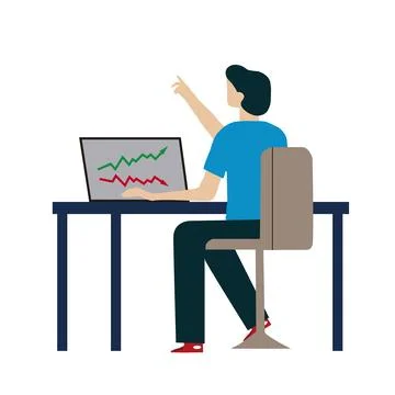 Man with a computer with pointing bars chart on a desk on a white background Illustrazione stock
