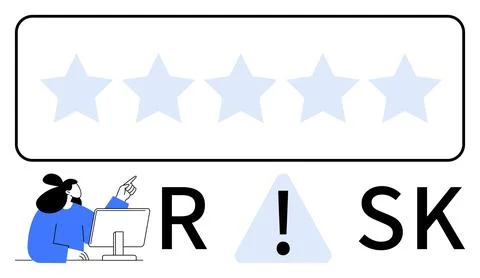 Man at computer pointing to a low star rating with exclamation point warning  Stock Illustration