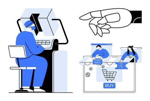 Man at computer with robots, digital hand pointing to shopping cart with buy  Stock Illustration