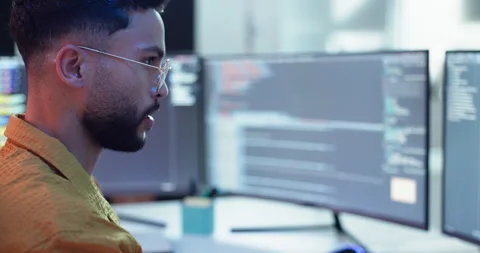 Man, computer screen and coding for software development or programming website Stock Footage 271052018