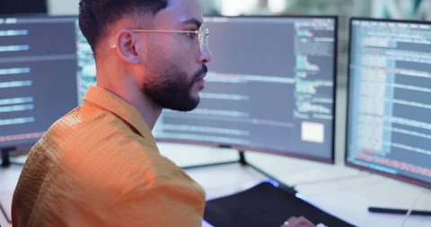 Man, computer screen and coding for cybersecurity development or programming for Stock Footage 271052855