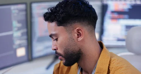 Man, computer screen and coding software development or error mistake for online Stock Footage 271055016