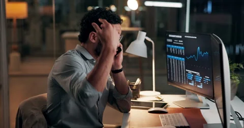 Man, computer screen and phone call for trading, graphs and stock market with Stock Footage 321745962