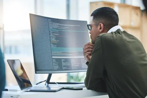 Man, computer screen and thinking of coding, programming or software development Stock Photos