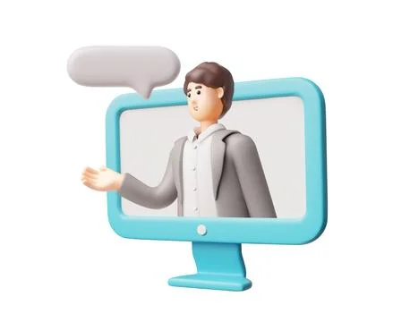 Man in computer screen, speech bubble, 3D vector cartoon online consultant Illustrazione stock