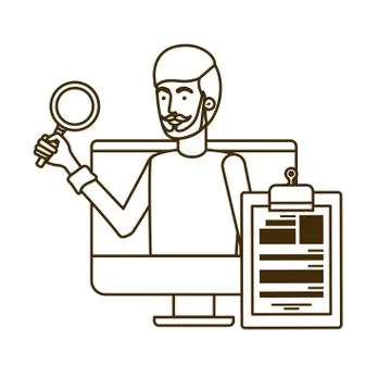 Man on computer screen with white background Stock Illustration