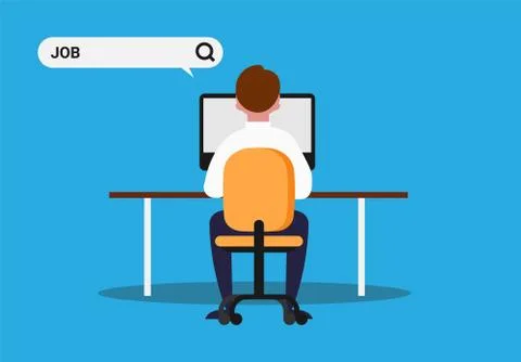 Man At Computer Seeking Employment Using Online Service, Blue Background 스톡 일러스트