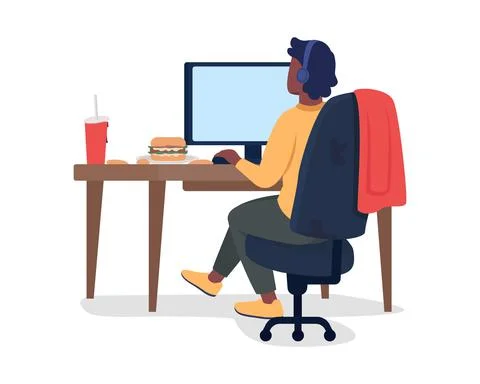 Man at computer semi flat color vector character Stock Illustration