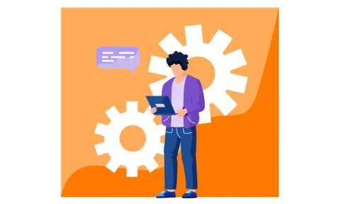 The man with a computer is sending an email vector illustration with orange Stock Illustration