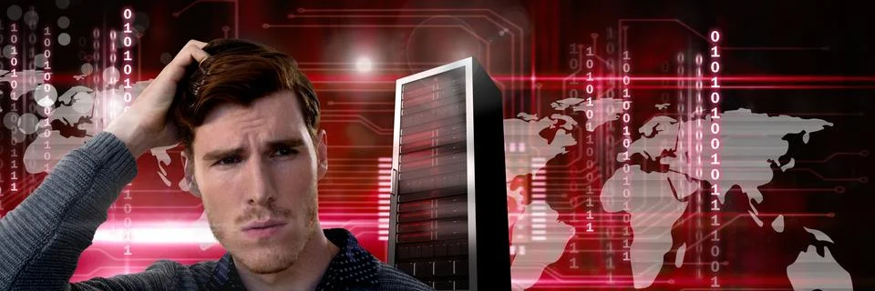 Man with computer server and technology information interface transition Stock Photos