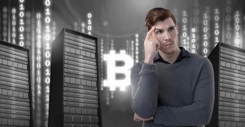 Man with computer servers and bitcoin technology information interface Stock Photos