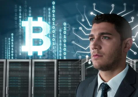 Man with computer servers and bitcoin technology information interface 写真素材