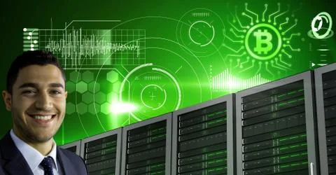 Man with computer servers and bitcoin technology information interface Stock Photos