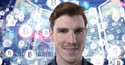 Man with computer servers and bitcoin technology information interface Foto stock