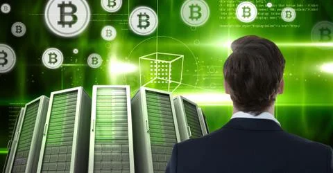 Man with computer servers and bitcoin technology information interface Stock Photos