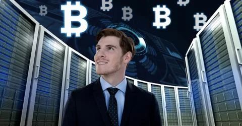 Man with computer servers and bitcoin technology information interface Stock Photos
