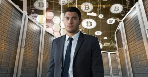 Man with computer servers and bitcoin technology information interface Stock Photos