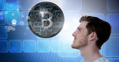 Man with computer servers and bitcoin technology information interface Stock Photos