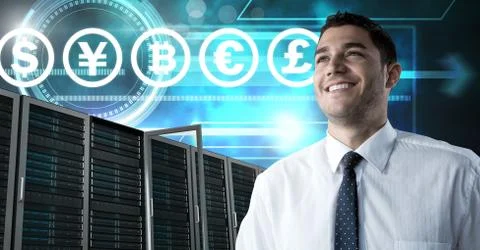 Man with computer servers and bitcoin technology information interface Stock Photos