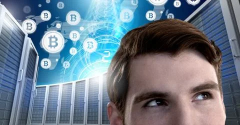 Man with computer servers and bitcoin technology information interface Foto stock