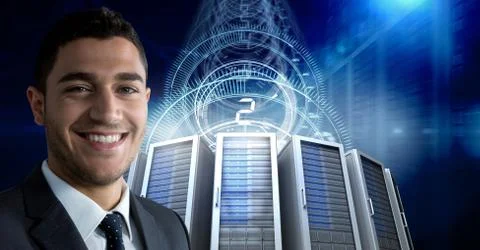 Man with computer servers and technology information interface Foto stock