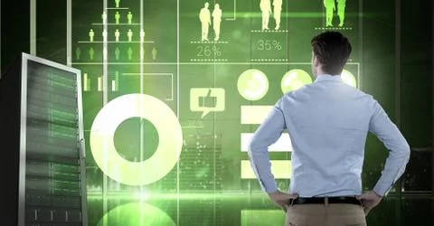 Man with computer servers and technology information interface Stock Photos
