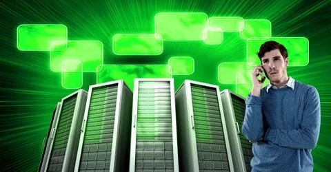 Man with computer servers and technology information interface Stock Photos