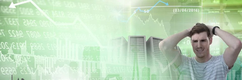 Man with computer servers and technology information interface transition Stock Photos