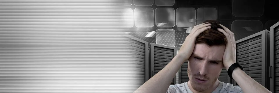 Man with computer servers and technology information interface transition Stock Photos