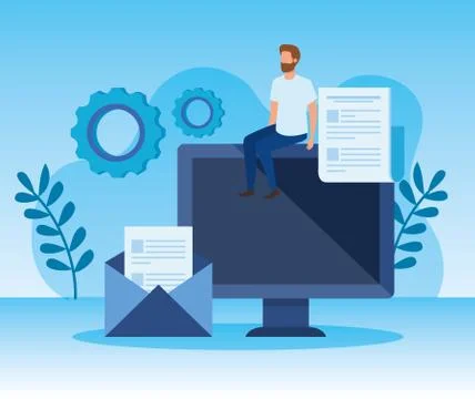 Man in the computer technology and gears with letter Stock Illustration