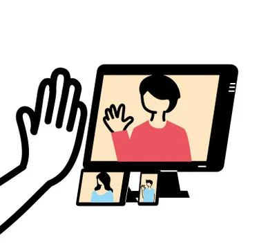 Man on computer in video chat and hello hand vector design Stock Illustration