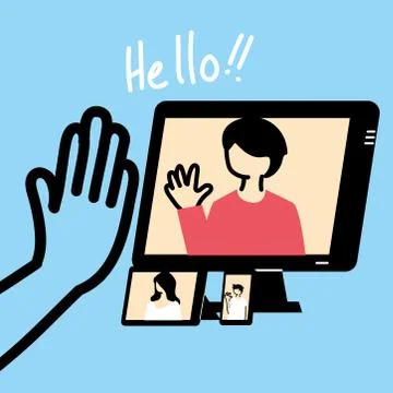 Man on computer in video chat with hello hand vector design Stock Illustration