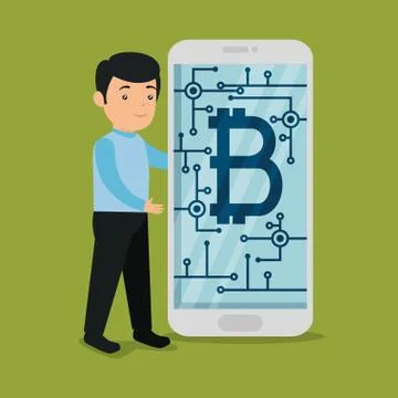 Man with computer with virtual bitcoin currency Stock Illustration