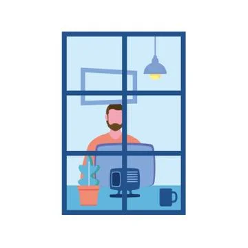 Man with computer at window vector design Stock Illustration