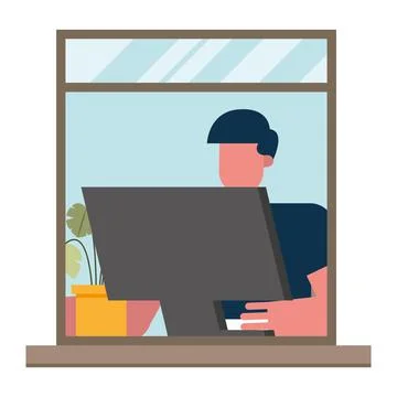 Man with computer working from home window vector design Stock Illustration