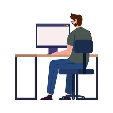 Man with computer working Illustrazione stock
