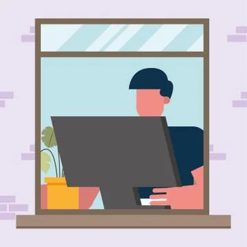 Man with computer working at window from home vector design Stock Illustration