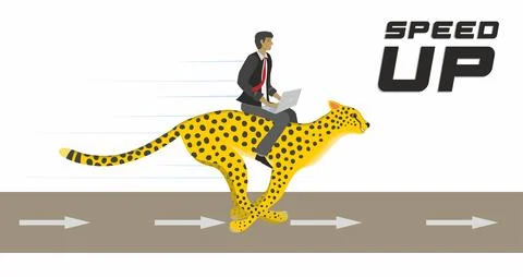 Man with computor riding fast on cheetah cat. Vector illustration. Illustrazione stock